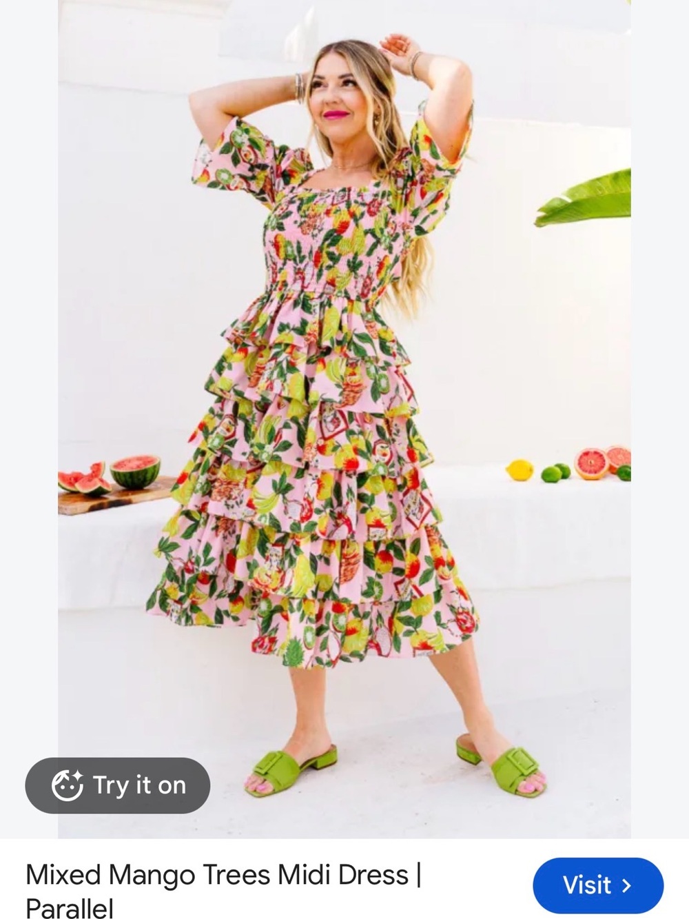 Ivy City Co Pink Floral Mango-Print Tiered Midi Dress